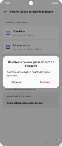 Prima Desativar e introduza o código adicional de bloqueio do telefone que criou anteriormente.