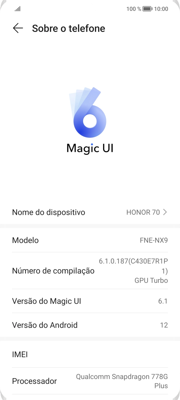 O código IMEI é mostrado no ecrã.