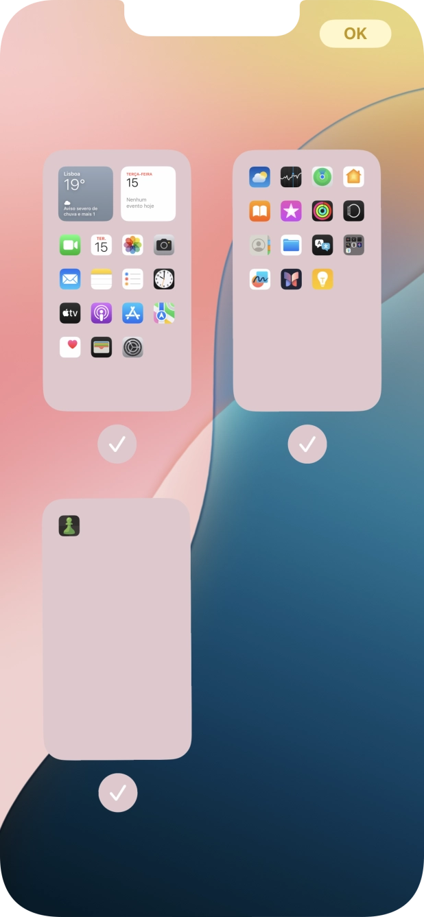 Prima os campos sob as páginas do ecrã inicial pretendidas, para ativar ou desativar a exibição de páginas.