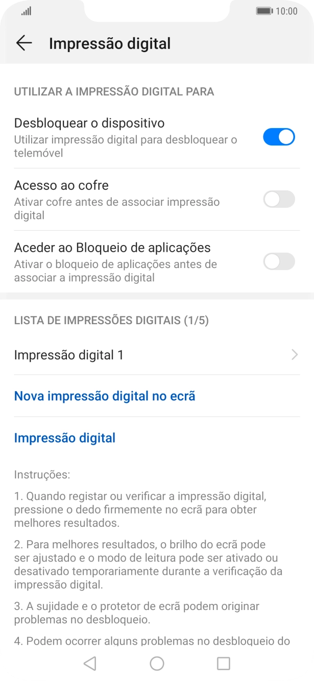 Prima o indicador junto às definições pretendidas para ativar ou desativar as funções.