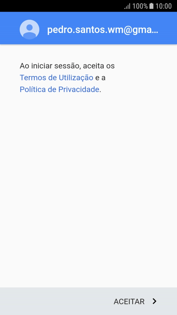 Prima ACEITAR e siga as indicações no ecrã para escolher as definições da conta Google.