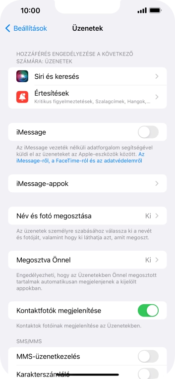 Kattints az „iMessage” melletti csúszkára a funkció bekapcsolásához.