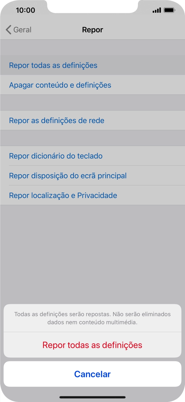 Prima Repor todas as definições.