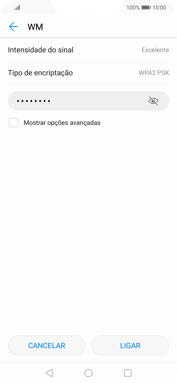 Introduza a password da rede Wi-Fi e prima LIGAR.