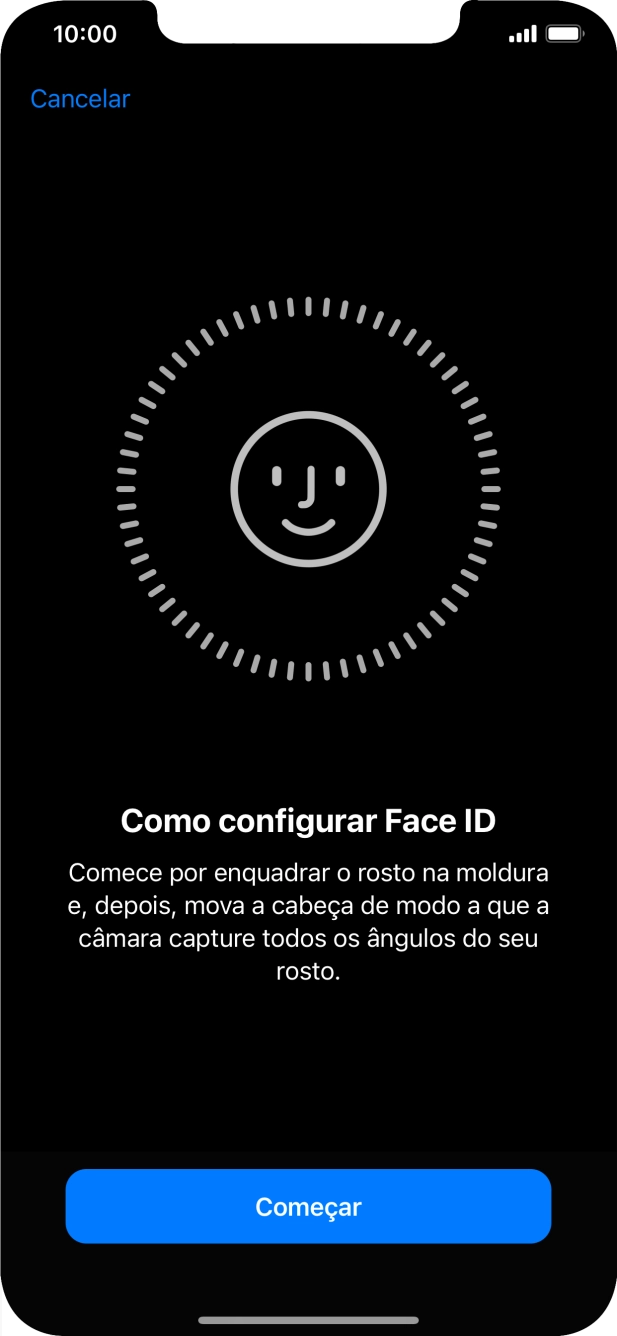 Prima Começar e siga as indicações no ecrã para estabelecer um código de reconhecimento facial (Face ID).