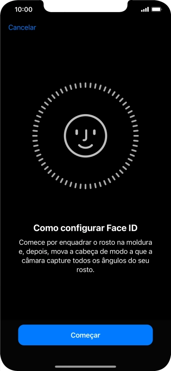 Prima Começar e siga as indicações no ecrã para estabelecer um código de reconhecimento facial (Face ID).