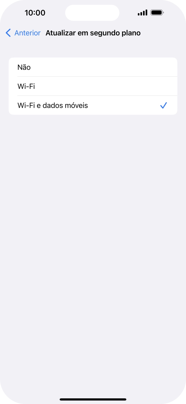 Para desativar a atualização de apps em segundo plano, prima Não.