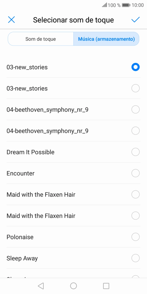 Quando tiver encontrado o tom de toque que pretende, prima confirm icon.