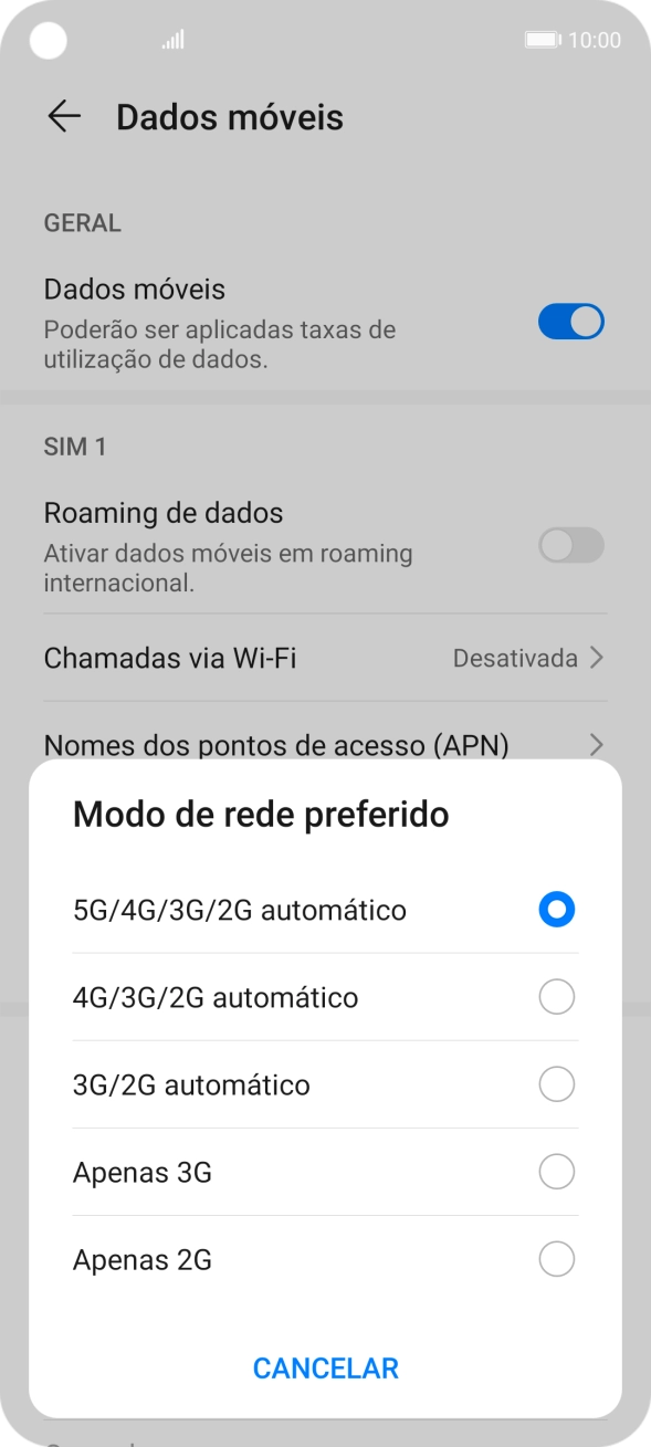 Prima o tipo de rede pretendido.