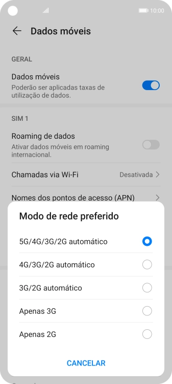 Prima o tipo de rede pretendido.