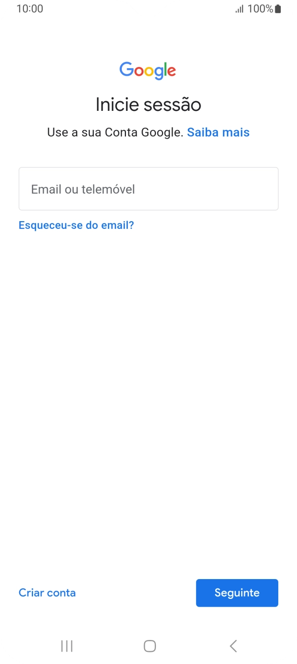 Se não tiver uma conta Google, prima Criar conta e siga as indicações no ecrã para criar uma conta.