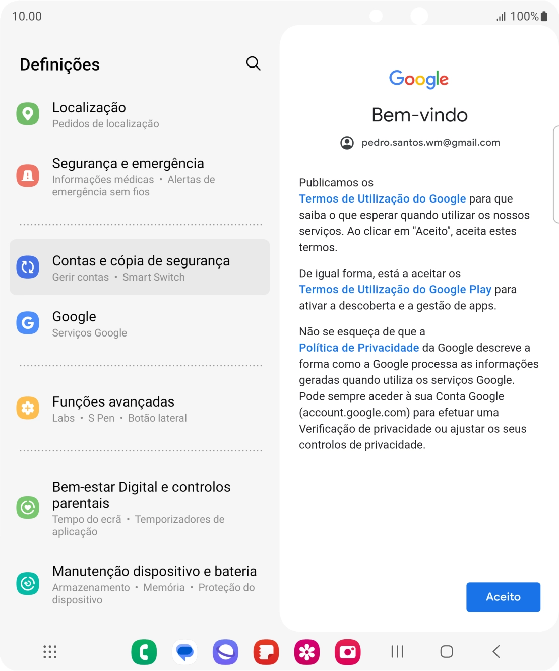 Prima Aceito e siga as indicações no ecrã para escolher as definições da conta Google.