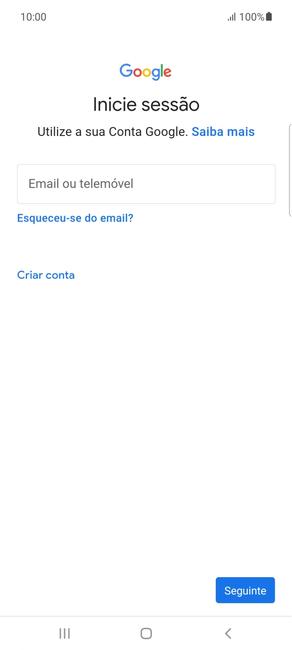 Se não tiver uma conta Google, prima Criar conta e siga as indicações no ecrã para criar uma conta.