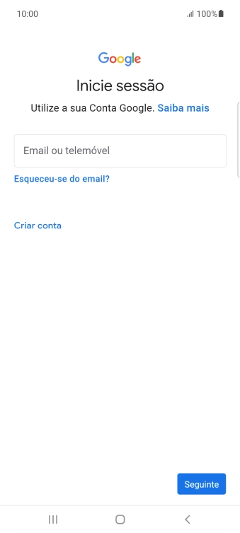 Se não tiver uma conta Google, prima Criar conta e siga as indicações no ecrã para criar uma conta.
