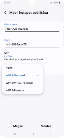 Válaszd a WPA3-Personal lehetőséget, ha jelszóval szeretnéd védeni a Wi-Fi hotspotodat.