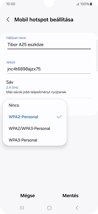 Válaszd a WPA3-Personal lehetőséget, ha jelszóval szeretnéd védeni a Wi-Fi hotspotodat.