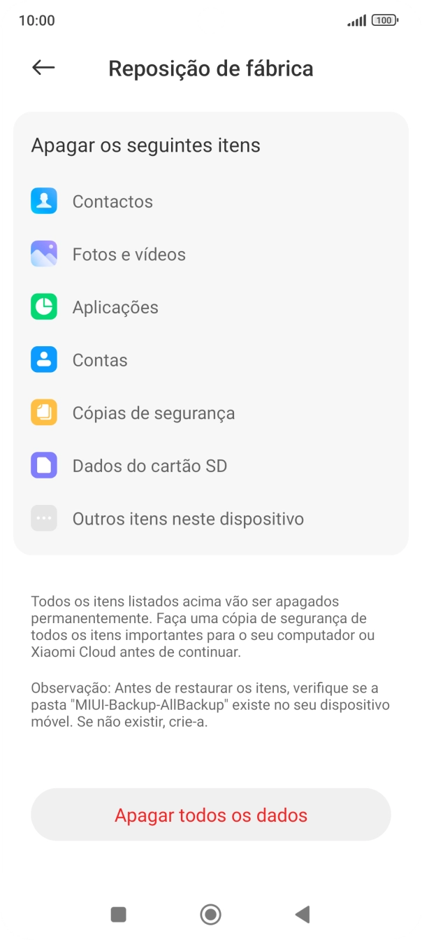 Prima Apagar todos os dados.