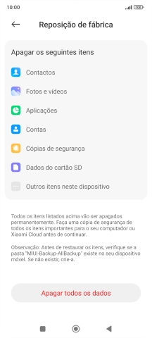 Prima Apagar todos os dados.