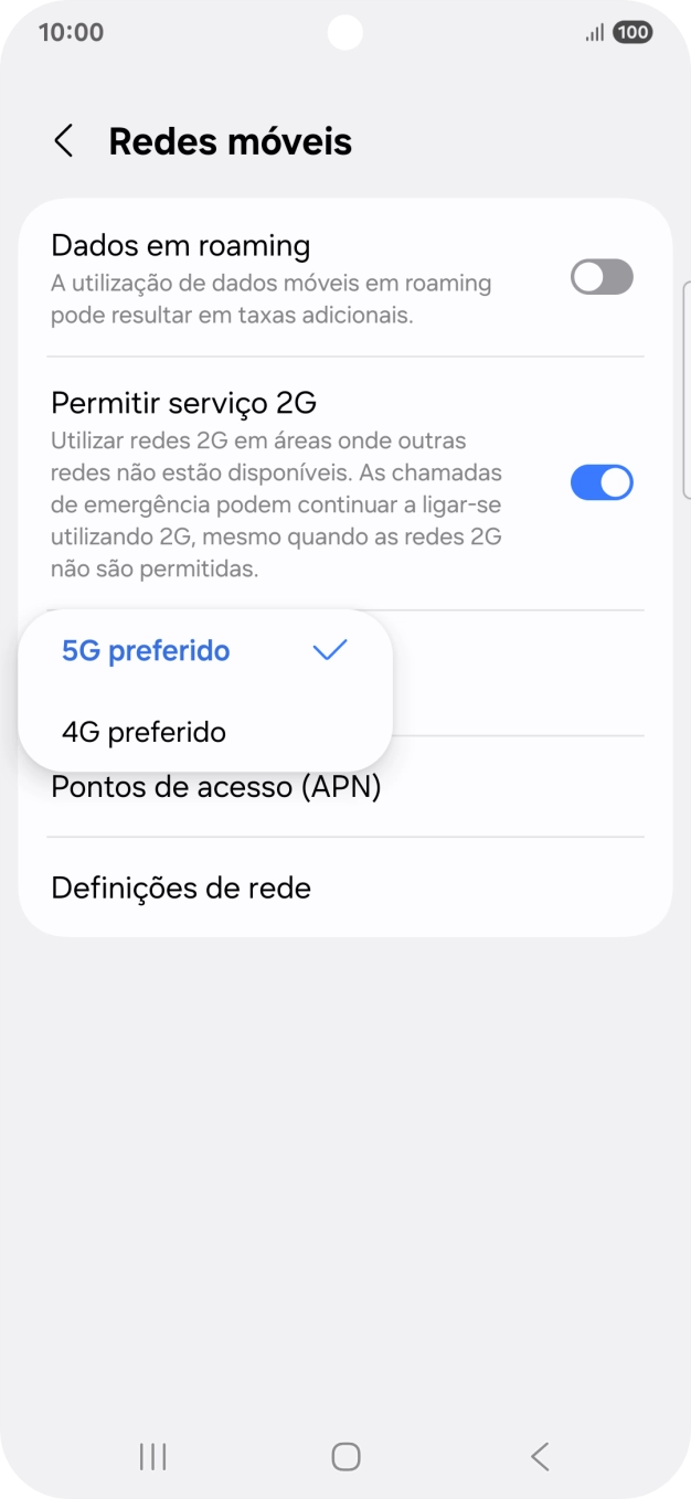 Prima o tipo de rede pretendido.