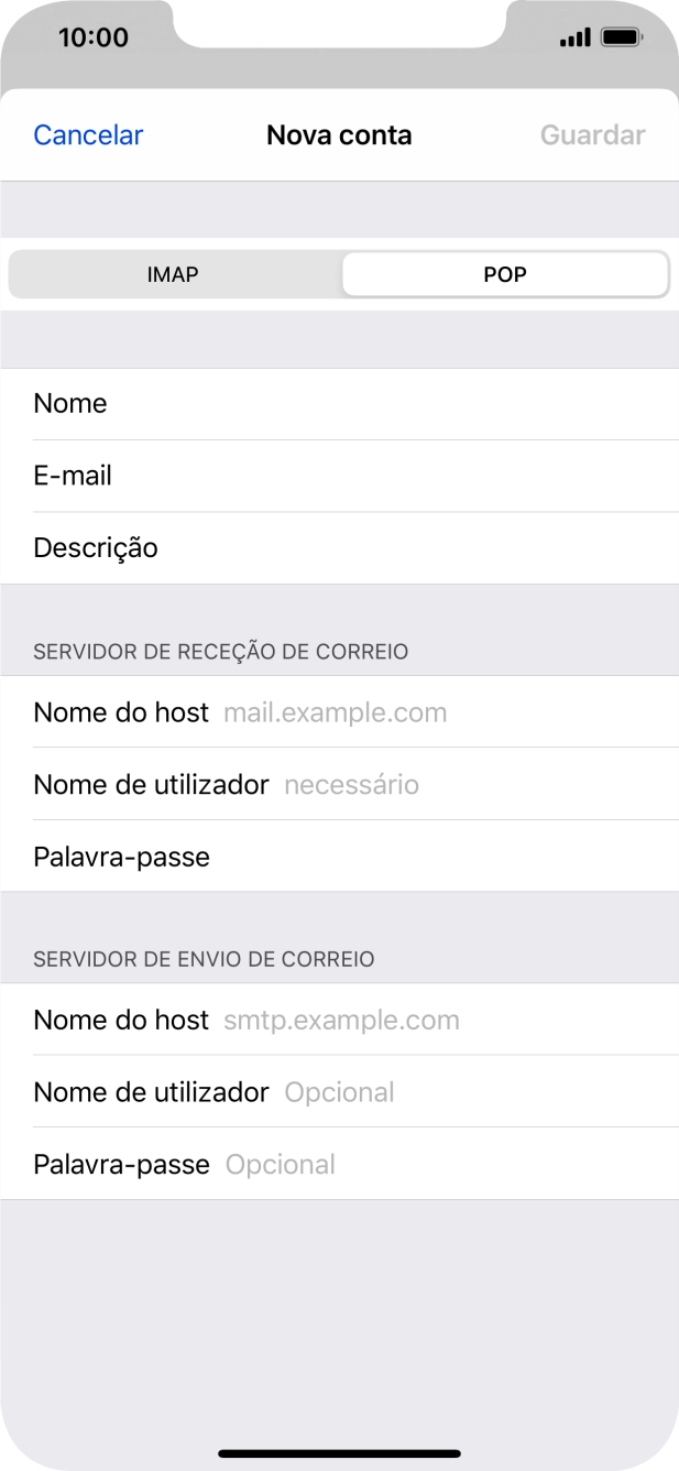 Prima Nome do host e introduza o nome do servidor de receção do fornecedor de e-mail.