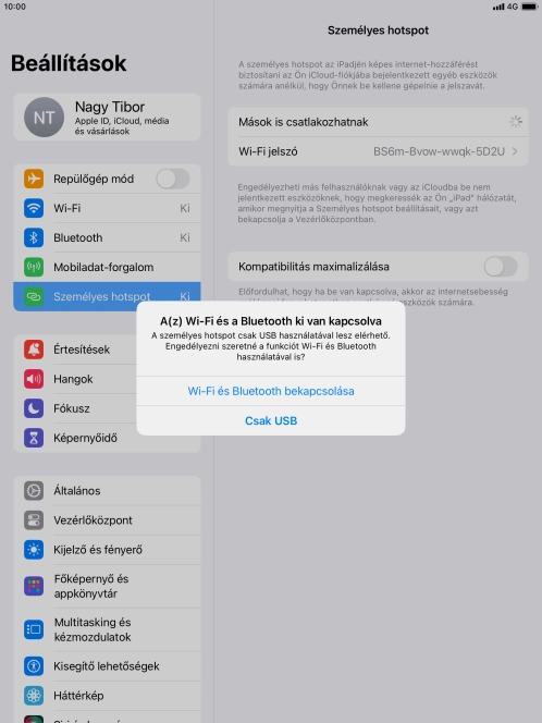 Amennyiben ki van kapcsolva a Wi-Fi, válaszd a Wi-Fi és Bluetooth bekapcsolása lehetőséget.