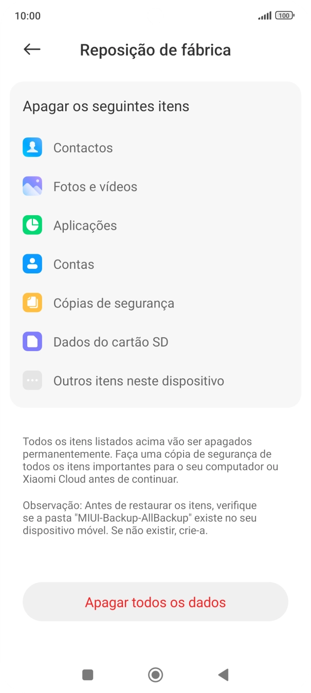Prima Apagar todos os dados.
