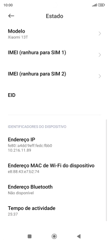 O IMEI é agora mostrado no ecrã.