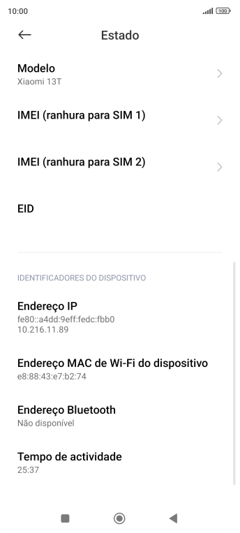 O IMEI é agora mostrado no ecrã.