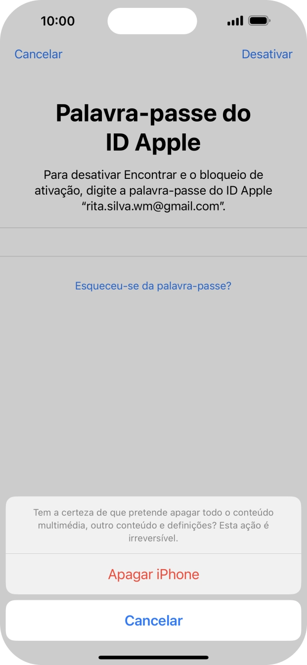 Introduza a password do ID Apple e prima Apagar iPhone. Aguarde um momento enquanto o telefone restabelece as definições originais. Siga as indicações no ecrã para configurar o telefone de modo que este fique pronto a ser utilizado.
