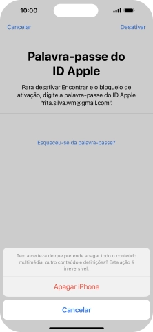 Introduza a password do ID Apple e prima Apagar iPhone. Aguarde um momento enquanto o telefone restabelece as definições originais. Siga as indicações no ecrã para configurar o telefone de modo que este fique pronto a ser utilizado.