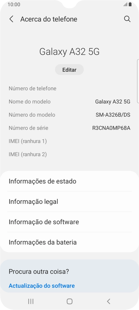 O código IMEI é mostrado no ecrã.