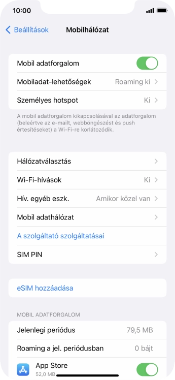 Kattints a „Mobil adatforgalom” melletti csúszkára a funkció be- vagy kikapcsolásához.