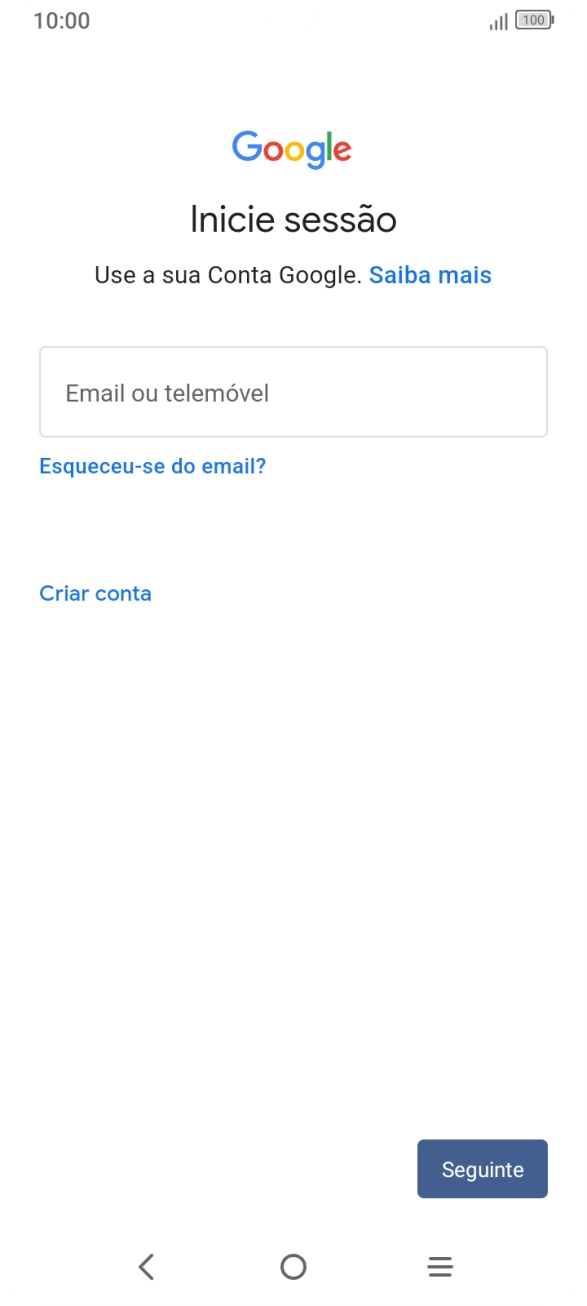 Se não tiver uma conta Google, prima Criar conta e siga as indicações no ecrã para criar uma conta.