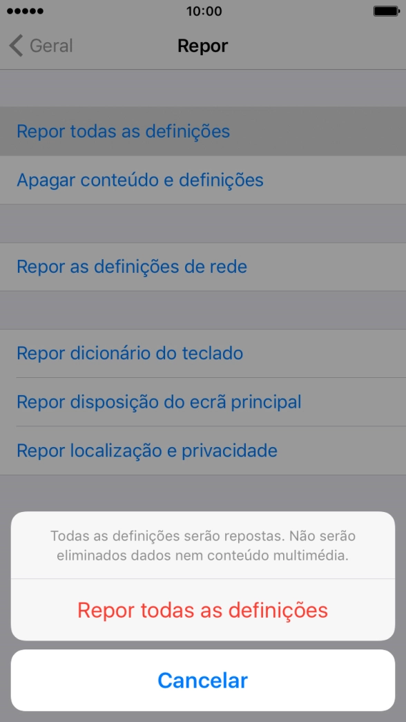 Prima Repor todas as definições.