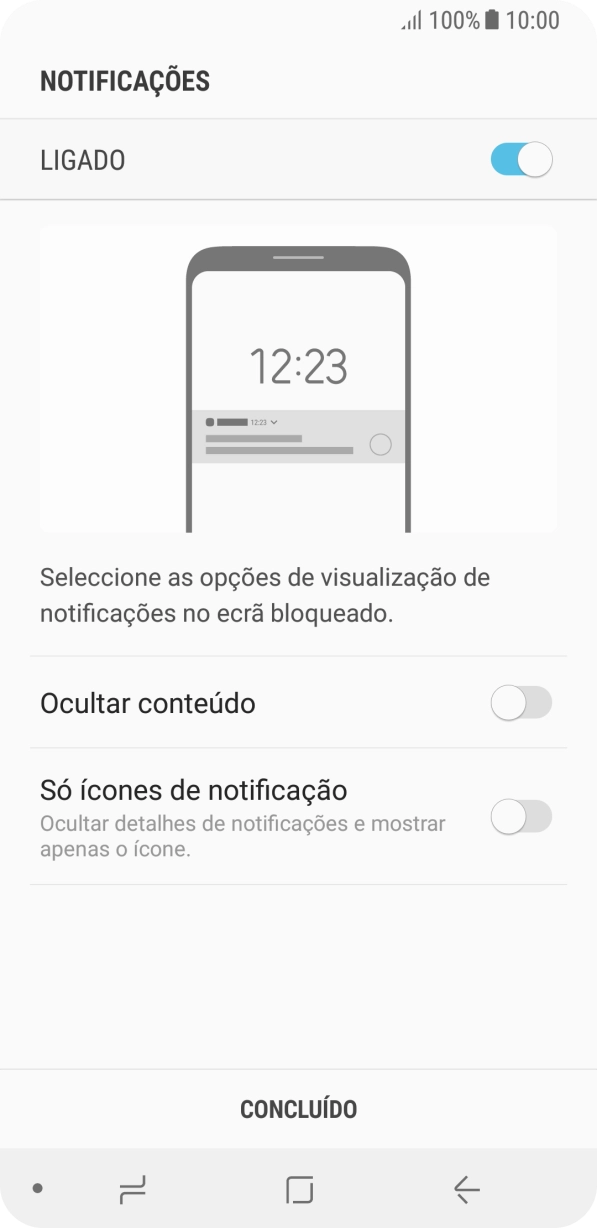 Prima o indicador junto às definições pretendidas para as ativar ou desativar.