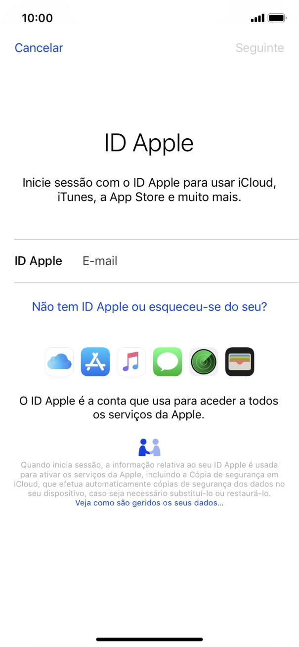 Se não tiver um ID Apple, prima Não tem ID Apple ou esqueceu-se do seu? e siga as indicações no ecrã para criar um ID Apple.