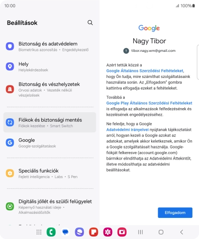 Válaszd az Elfogadom lehetőséget, és kövesd a képernyőn megjelenő utasításokat a Google-fiókod beállításainak kiválasztásához.