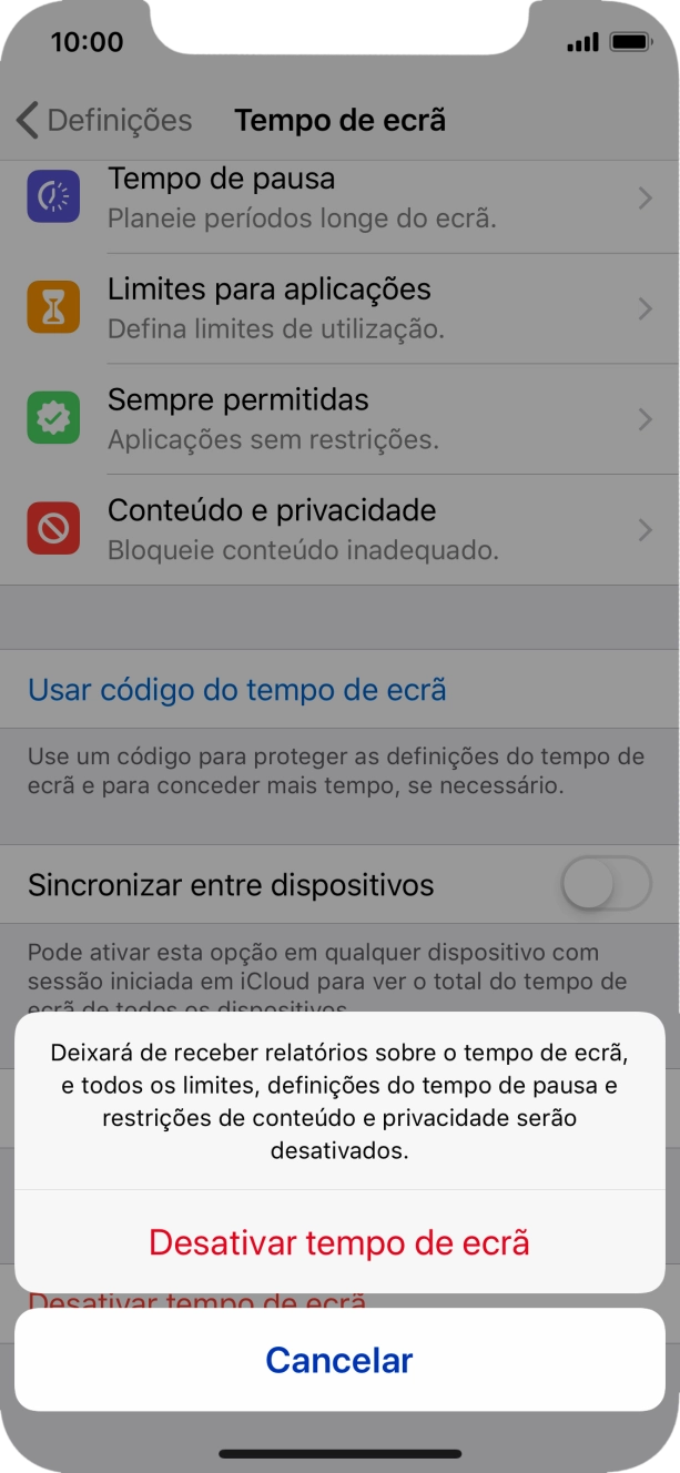 Prima Desactivar tempo de ecrã.