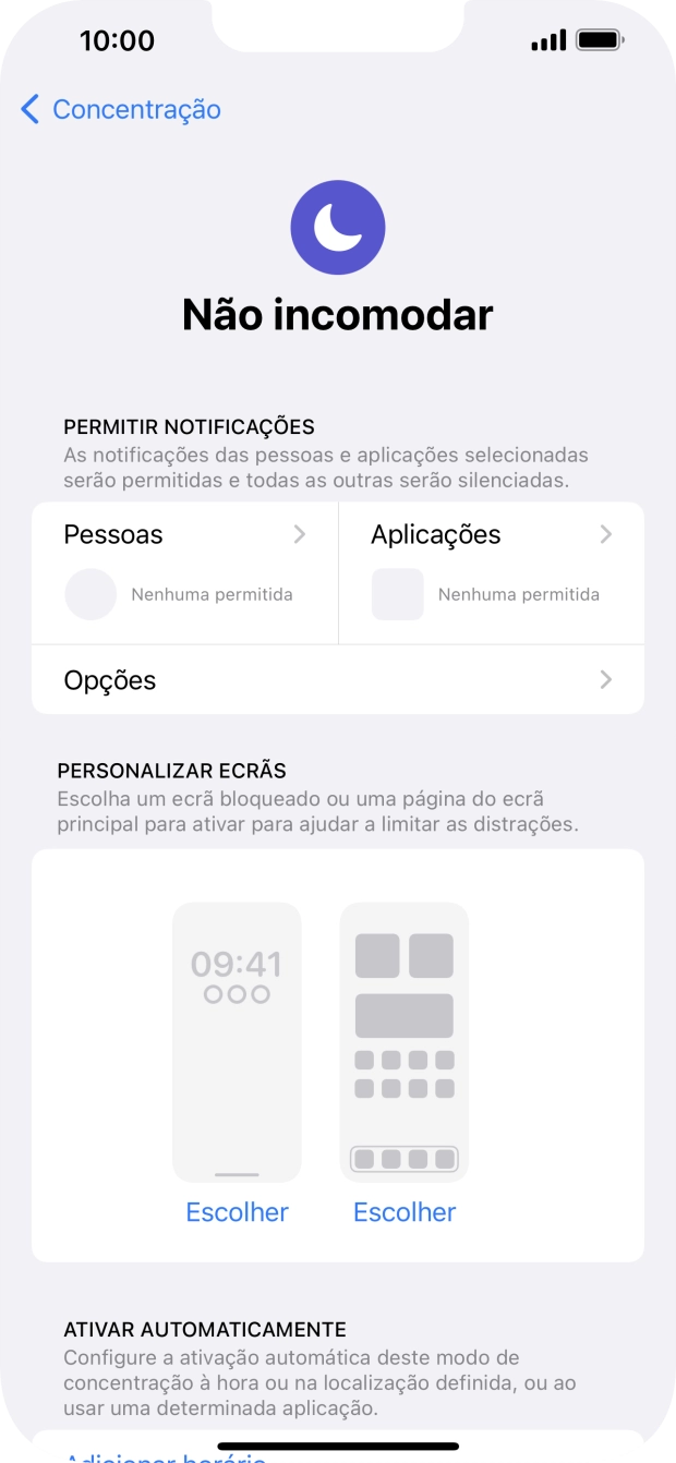Prima Pessoas e siga as indicações no ecrã para escolher quais os contactos de que pretende receber chamadas e notificações, enquanto a função “Não incomodar” está ativada.