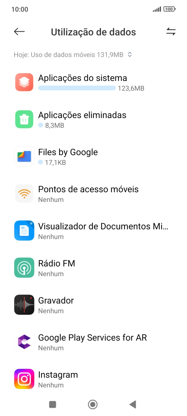 O consumo de dados de cada aplicação é mostrado sob o nome da aplicação.