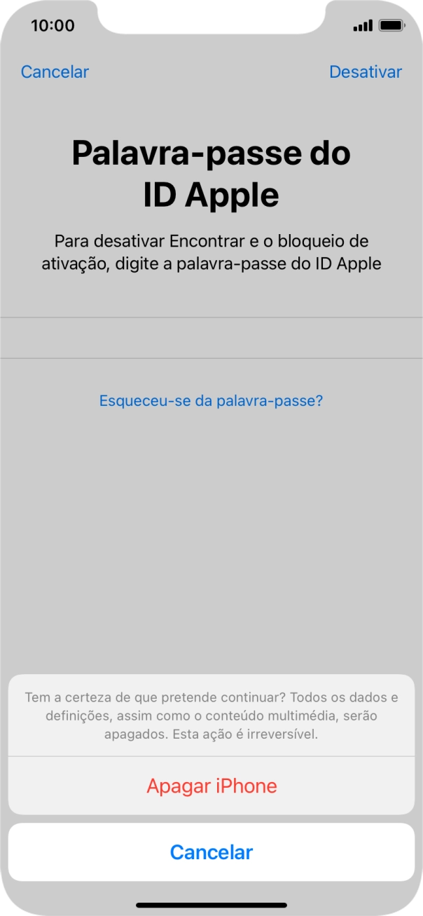 Introduza a password do ID Apple e prima Apagar iPhone. Aguarde um momento enquanto o telefone restabelece as definições originais. Siga as indicações no ecrã para configurar o telefone de modo que este fique pronto a ser utilizado.