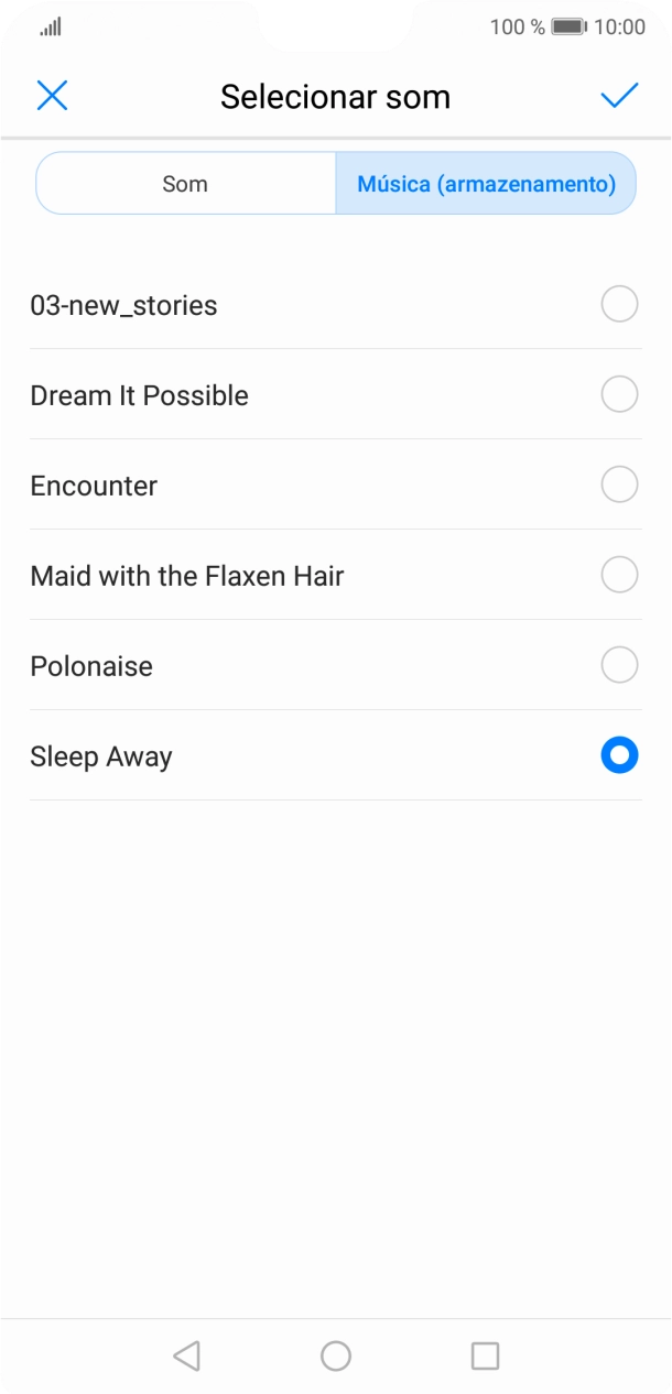 Quando tiver encontrado o tom de toque que pretende, prima o ícone para aceitar.