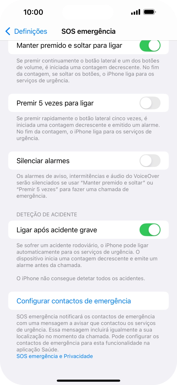 Prima Configurar contactos de emergência e siga as indicações no ecrã para introduzir a sua informação de emergência e os seus contactos de emergência.