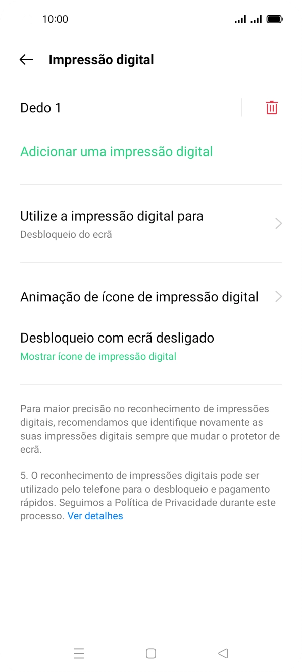 Prima o ícone de apagar  junto à impressão digital pretendida.
