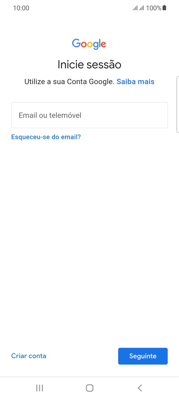 Se não tiver uma conta Google, prima Criar conta e siga as indicações no ecrã para criar uma conta.