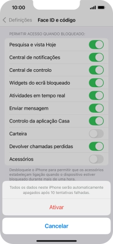 Se ativar a função, prima Ativar.