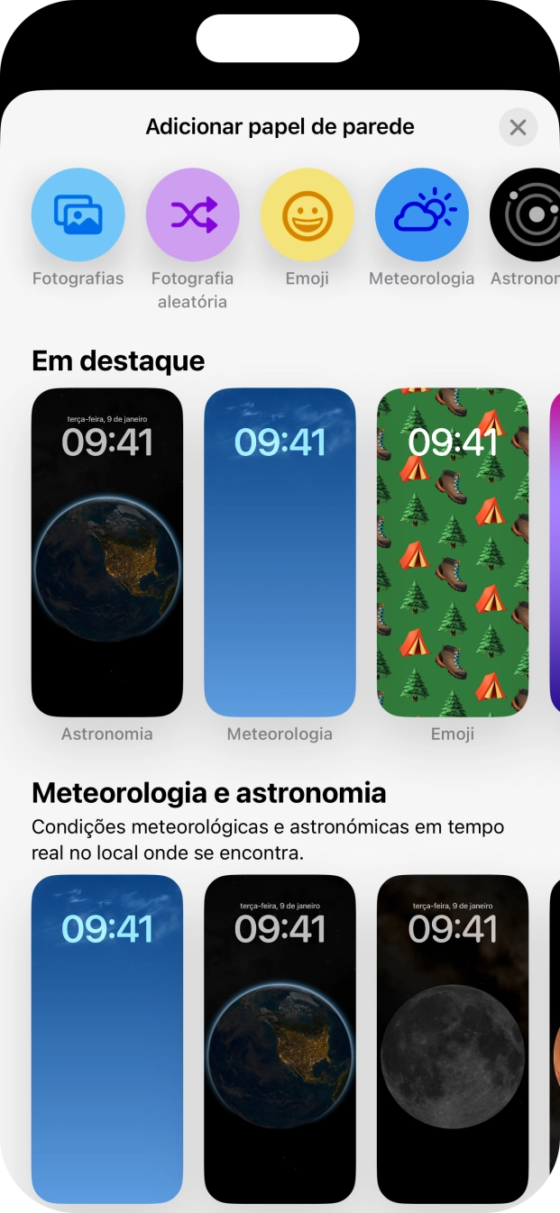 Prima a categoria pretendida e siga as indicações no ecrã para escolher a imagem de fundo pretendida.