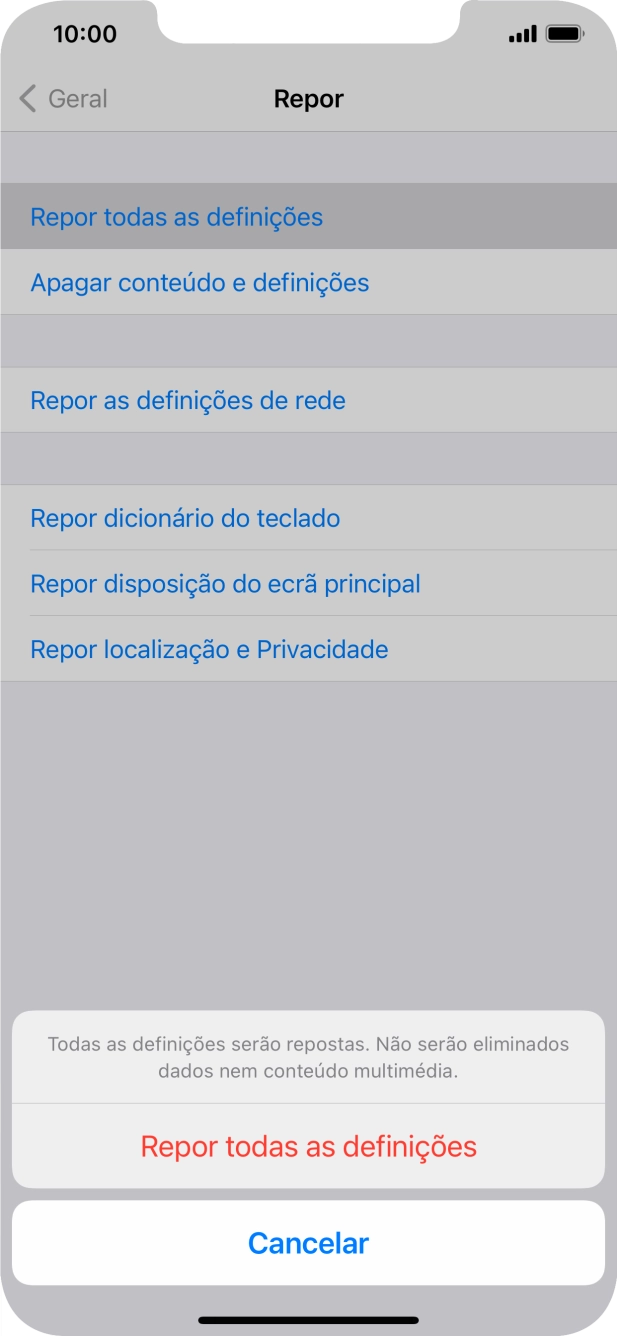 Prima Repor todas as definições.