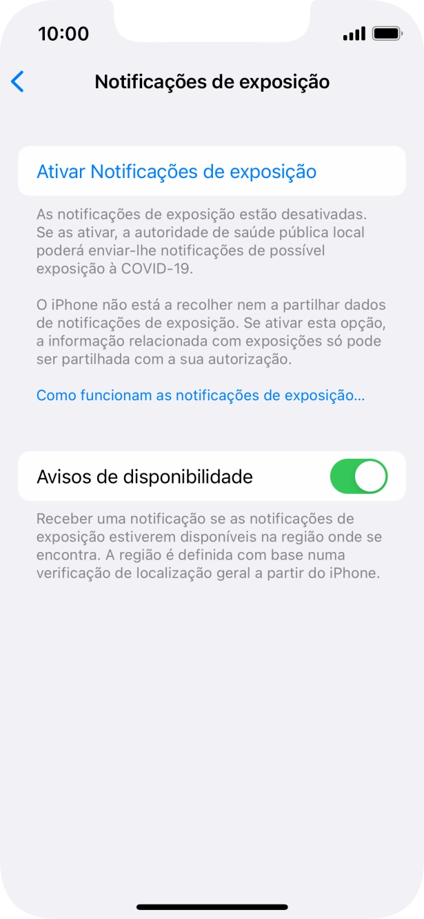 Prima Ativar Notificações de exposição.