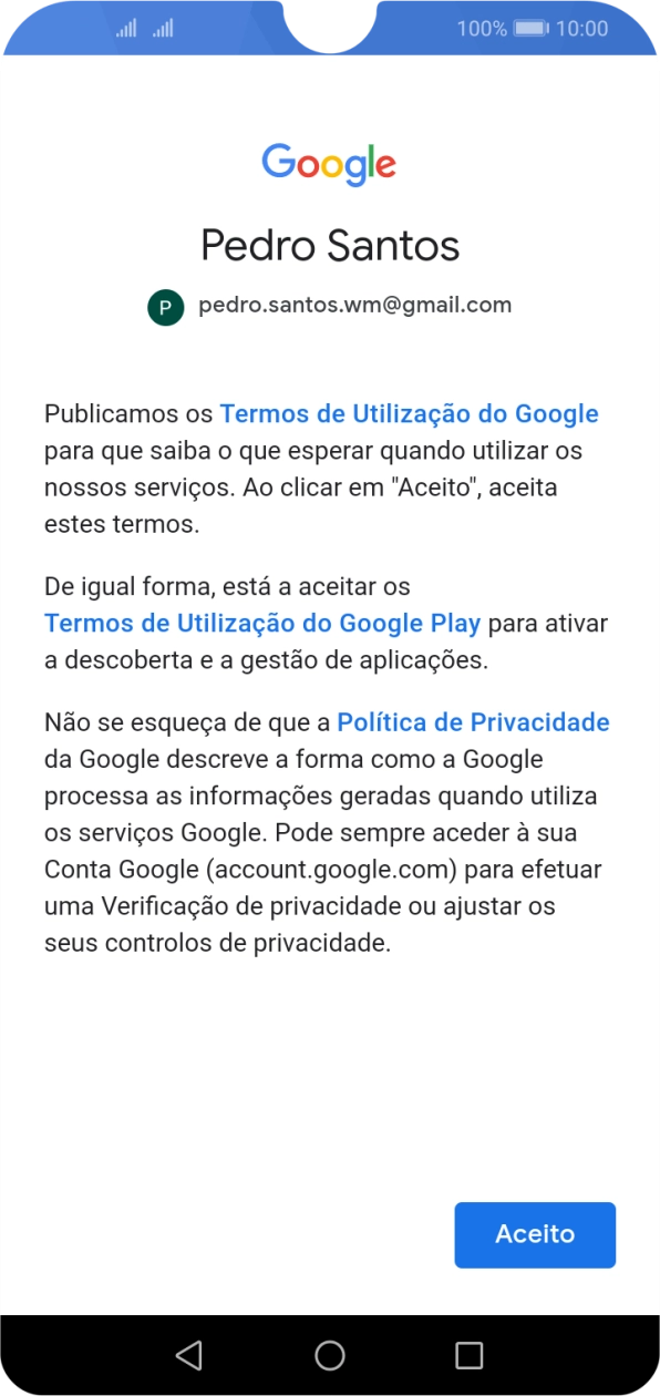 Prima Aceito e siga as indicações no ecrã para escolher as definições da conta Google.